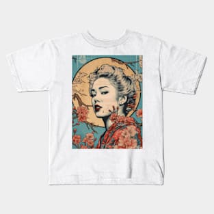 Vintage Rose Blossoms Japanese Woodblock Maple Streetwear Hipster Asian Inspired Retro Manga Samurai Alstroemeria Kids T-Shirt